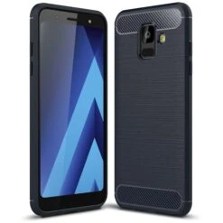 Coque Galaxy A6 2018 Silicone Style Fibre De Carbone Bleu Foncé
