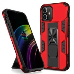 Coque Antichoc IPhone 12 Mini Hybride Avec Support Et Partie Métalllique Pour Aimant - Rouge