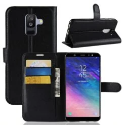 Etui Portefeuille Samsung Galaxy A6+ 2018 Litchi Avec Rangement Cartes Noir