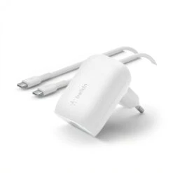 Pack Chargeur Secteur Rapide USB-C 30W PD ET PPS Avec Cable USB-C Vers USB-C 1m BELKIN - Blanc