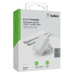 Pack Chargeur Secteur Rapide USB-C 30W PD ET PPS Avec Cable USB-C Vers USB-C 1m BELKIN - Blanc -All For Phone Magasin pack chargeur belkin 30w frac5004 5