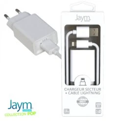 Pack Chargeur Secteur 1 USB 2.4A + Cable USB Vers Lightning 1.5M BLANC - JAYM® COLLECTION POP